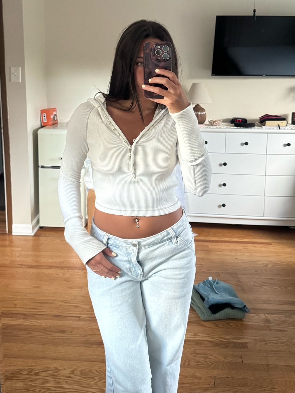 Urban Outfitters White Ribbed Cropped Henley Hoodie